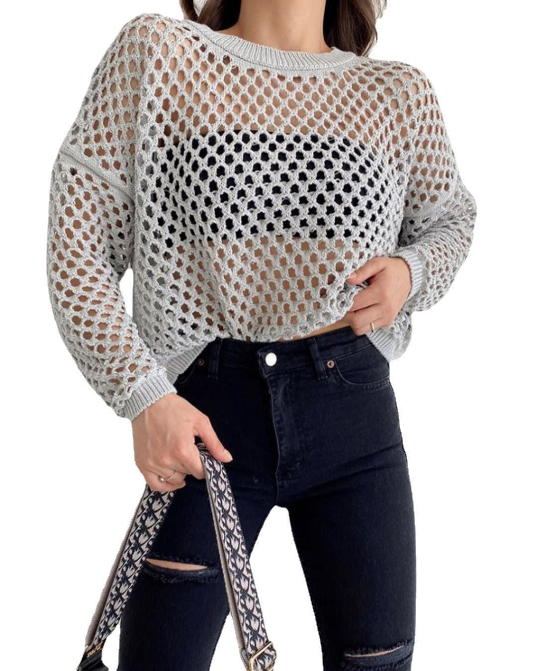 Maxctshop sweater Spring and Summer New Knitwear Bell Sleeve Loose round Neck Hollow Sweater for Women - Image 9