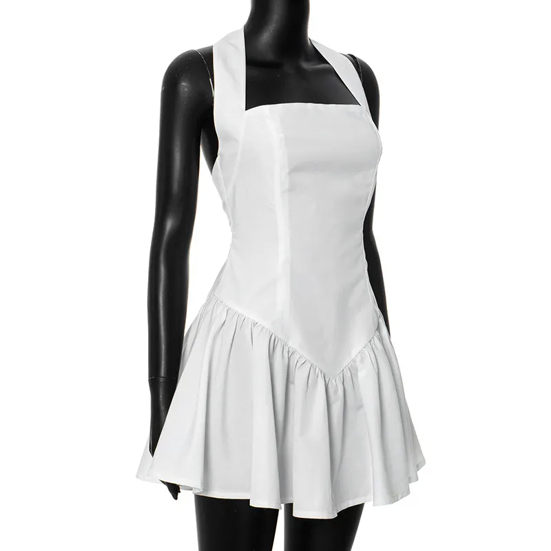 Frill Mini Halter Dress For Women Splice Sexy Backless A-Line Hem Lace Up High Waisted Female Beach Black Bodycon Dress