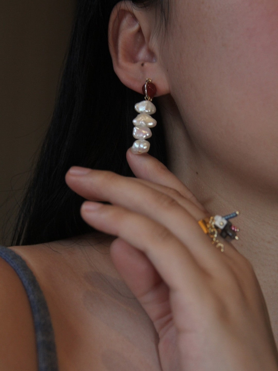 「Chinoiserie」Red Agate Pearl Dangle Earrings