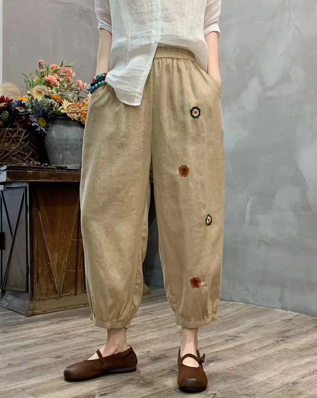 Summer Retro Linen Embroidered Elastic Waist Harem Pants