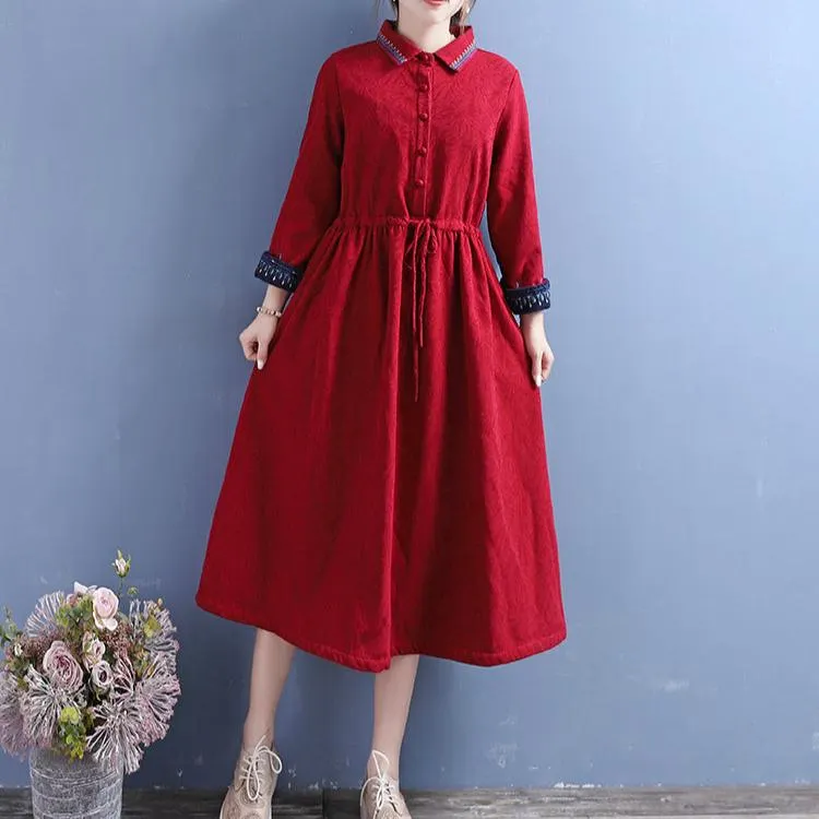 Women Winter Vintage Cotton Linen Embroidered Floral Fleece-Lined Dress