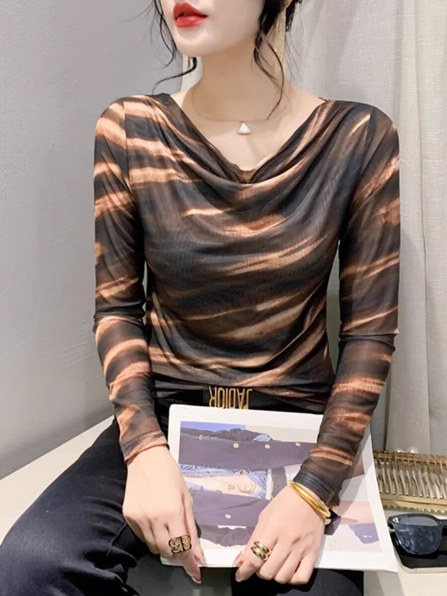 Maxct Spring Summer Double-Layer Mesh Top Long Sleeve Printing T-shirt Woman Slim Fitting Tee For Female