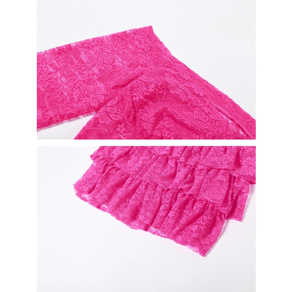 Sheer Lace Pink Two Piece Set Tiered Mini Skirt And Top Y2k Chic Outfits for Long Sleeve Dresses Maxct