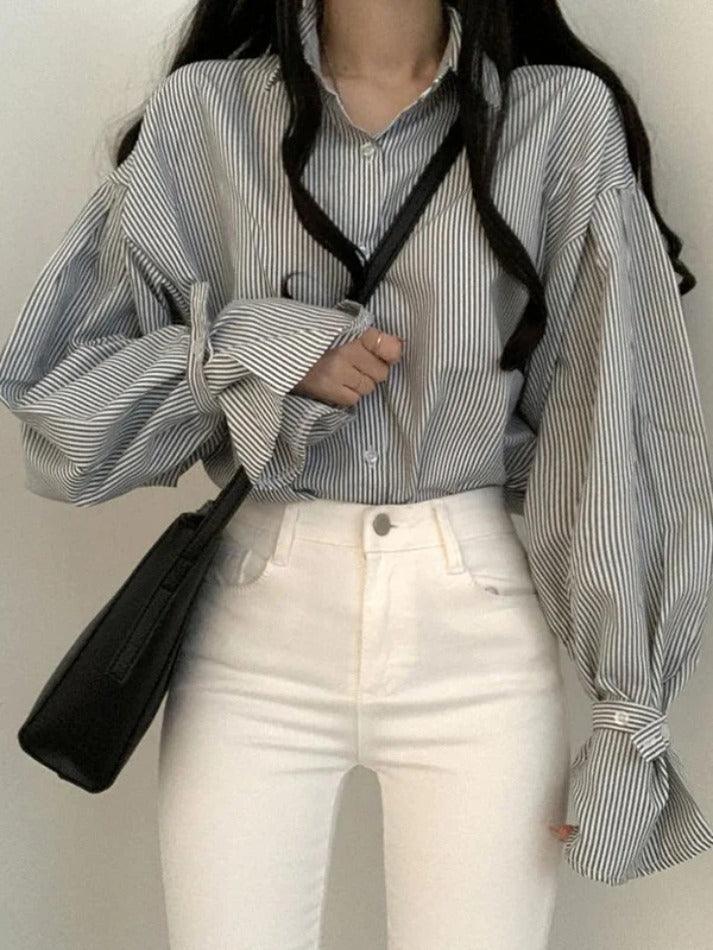 Maxct Stripe Lantern Sleeve Long Sleeve Blouse