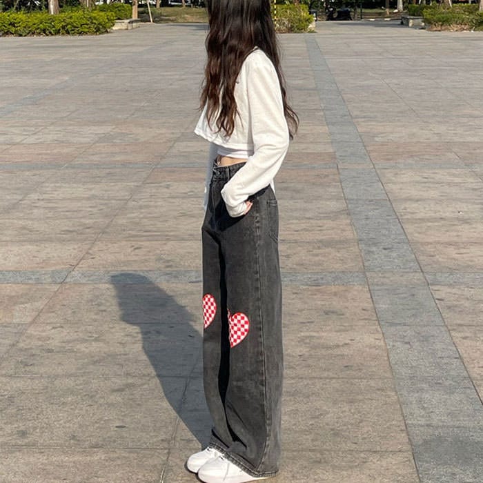 Checker Heart Wide Jeans Maxct