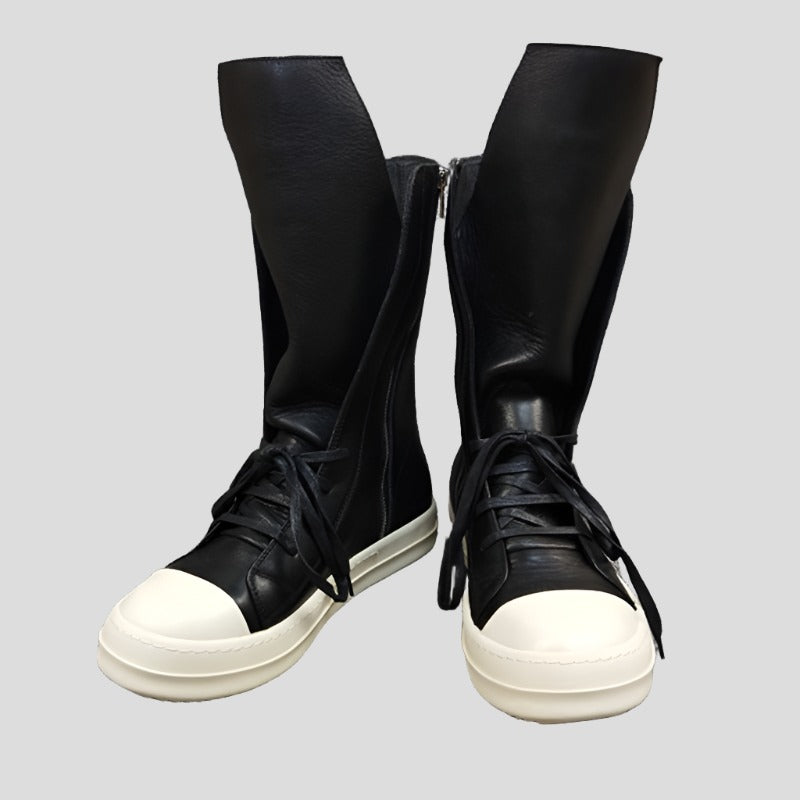 Leather Sneakers  Black Round Toe High-top Unisex Maxct