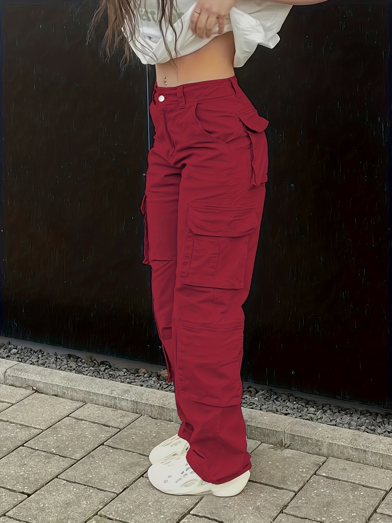 Plain High Rise Cargo Denim Pants, Loose Solid Color Retro Cargo Jeans, Street Casual Style, Women's Denim Jeans & Clothing