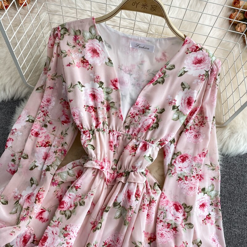 Women's Green/Purple/Beige Floral Chiffon Dress Bohemian V-Neck Lantern Long Sleeve High Waist Ruffle Vestidos Female New
