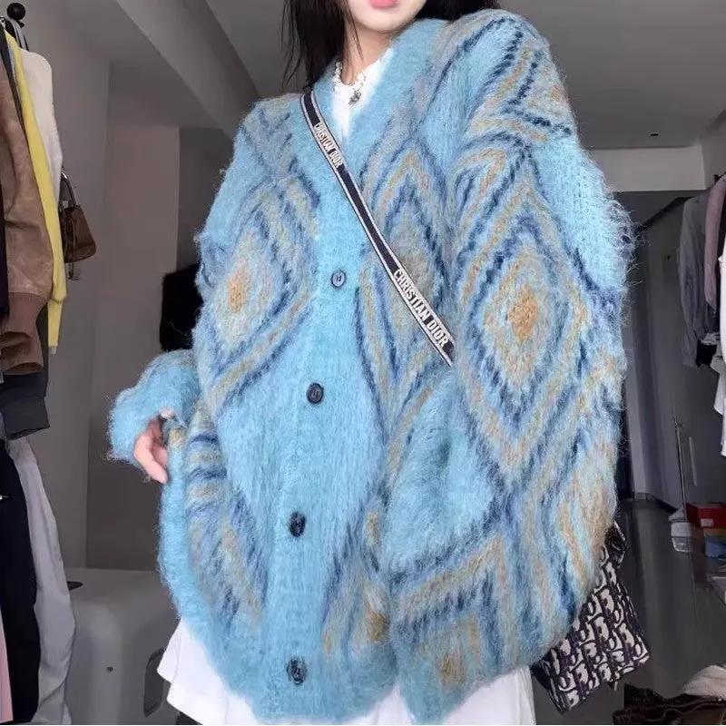 Maxct Argyle Print Fuzzy Oversized Button Cardigan