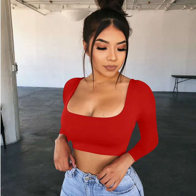 Maxct Spring Crop Top Long Sleeve Women Black Sexy Shirt White Square Neck Casual Tee Top Mujer Ladies