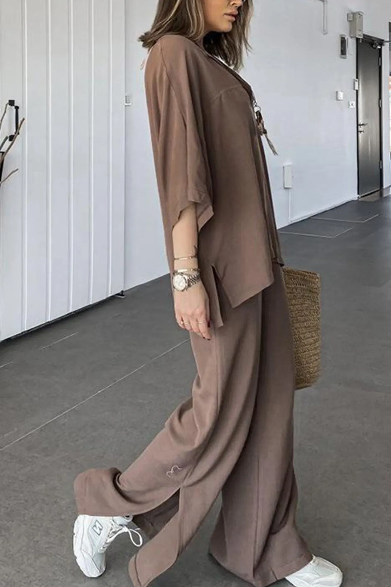 Maxct Lapel Shirt Slit Hem Long Pants Set