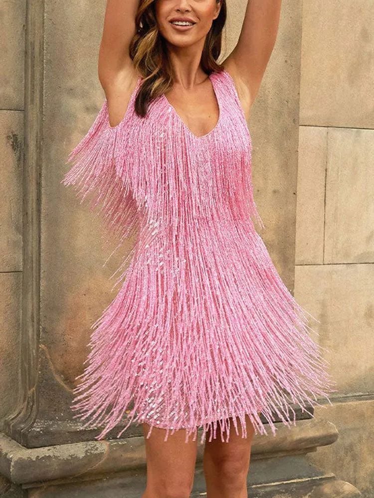 Sequin Sleeveless Tassels Dress Maxct