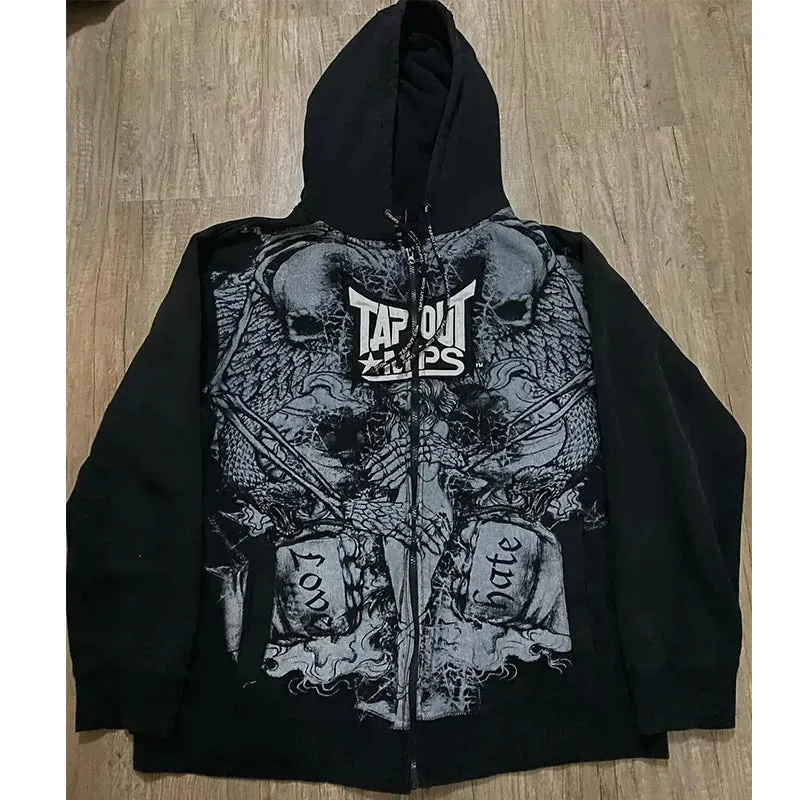 Maxct Woman Y2k Hoodie Zippe Harajuku Retro Hip Hop Letter Print Oversized for Women Sweatshirt Man Tops Kawaii Anime Gothic