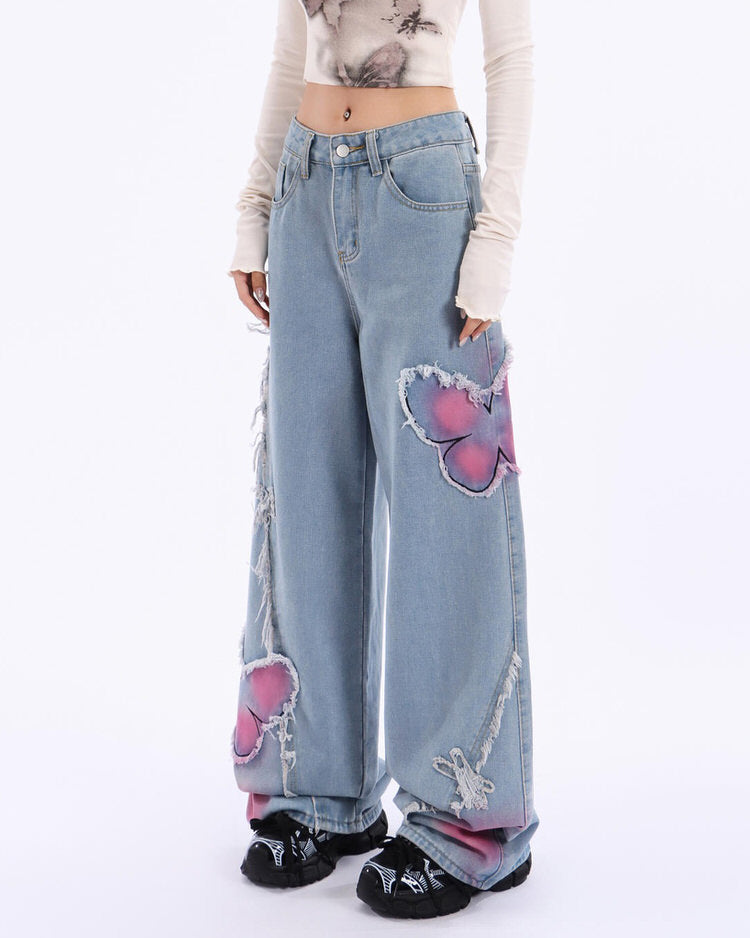 Pink Butterfly Wide Leg Jeans Maxct