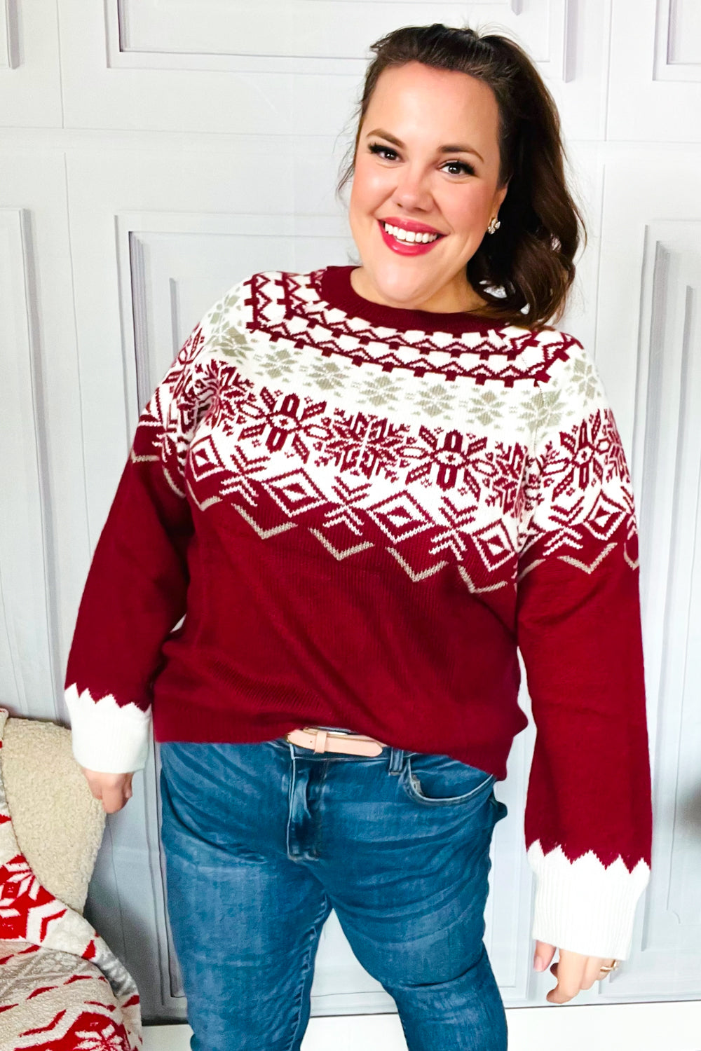 Maxct &Merry Christmas Merlot Snowflake Oversized Sweater Top
