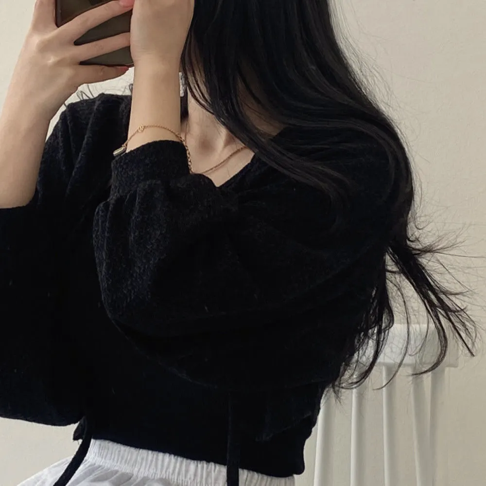 Thin White Cardigan Bandage Lantern Sleeve Short Coat Pull Femme Knitwear Top Girl Cardigan Korean Style Casual T Shirt