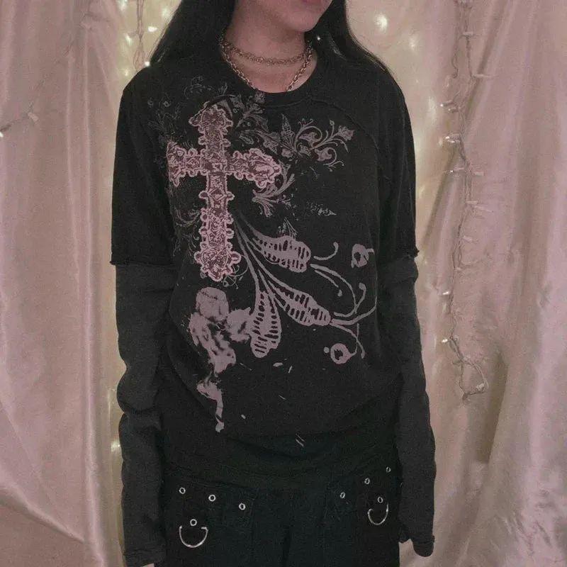 Maxct Mall Goth 2000s Retro Pullovers Tops Vintage Graphics Y2K Loose T Shirt Chic Aesthetic Autumn Long Sleeve Tees Grunge Streetwear