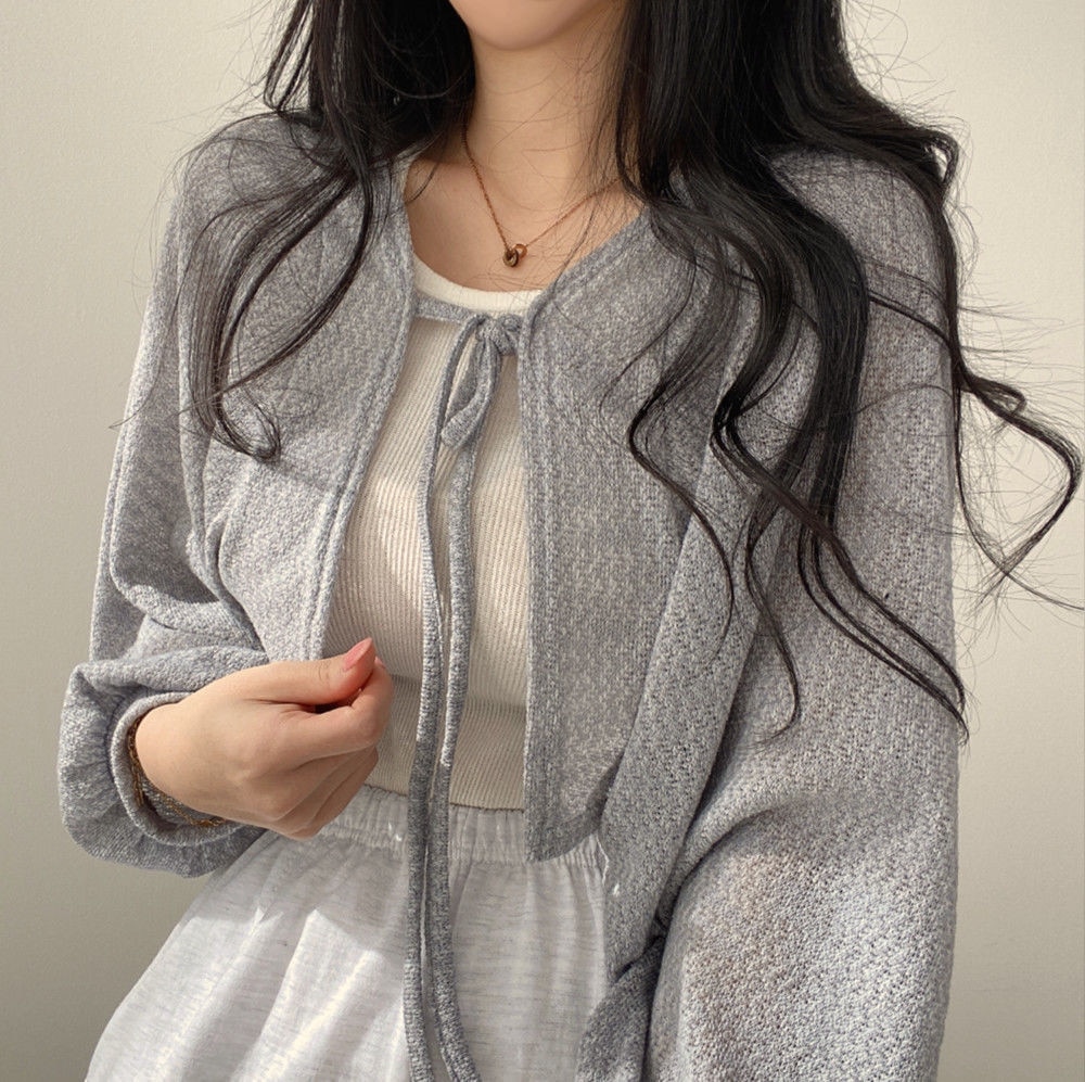 Thin White Cardigan Bandage Lantern Sleeve Short Coat Pull Femme Knitwear Top Girl Cardigan Korean Style Casual T Shirt