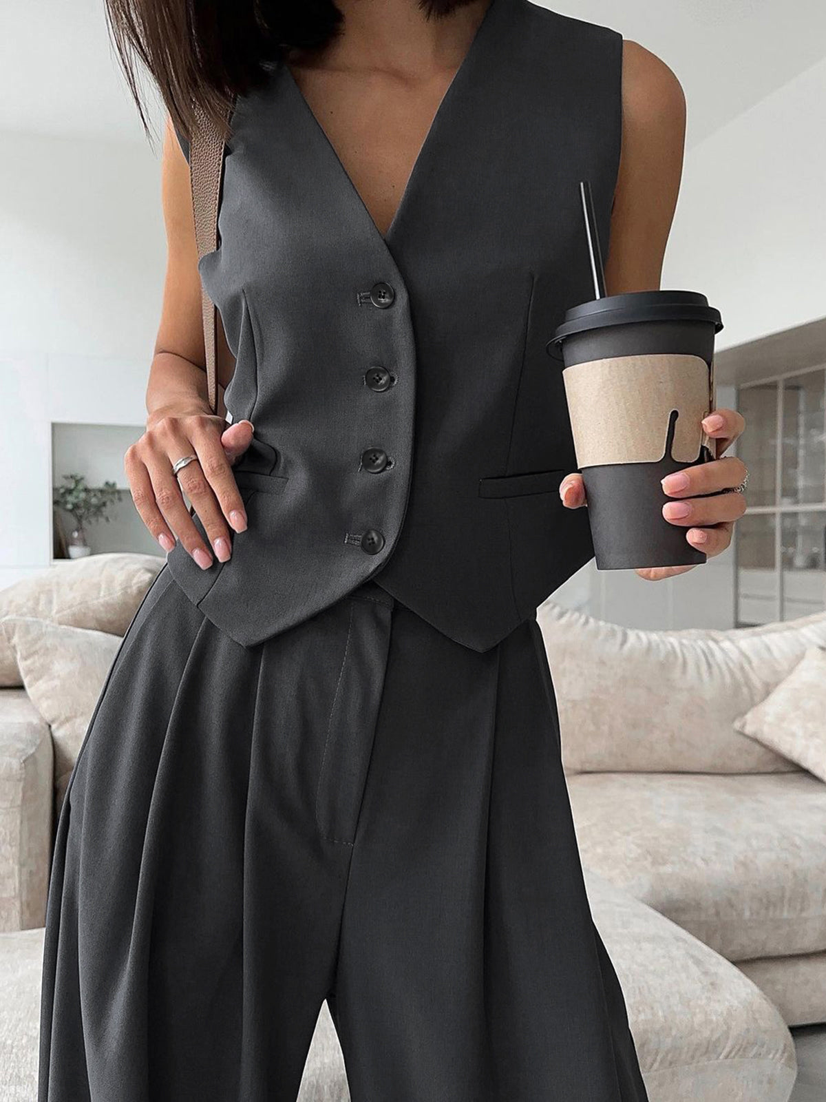 Maxct Solid V-Neck Waistcoat With Wide Leg Pants Set