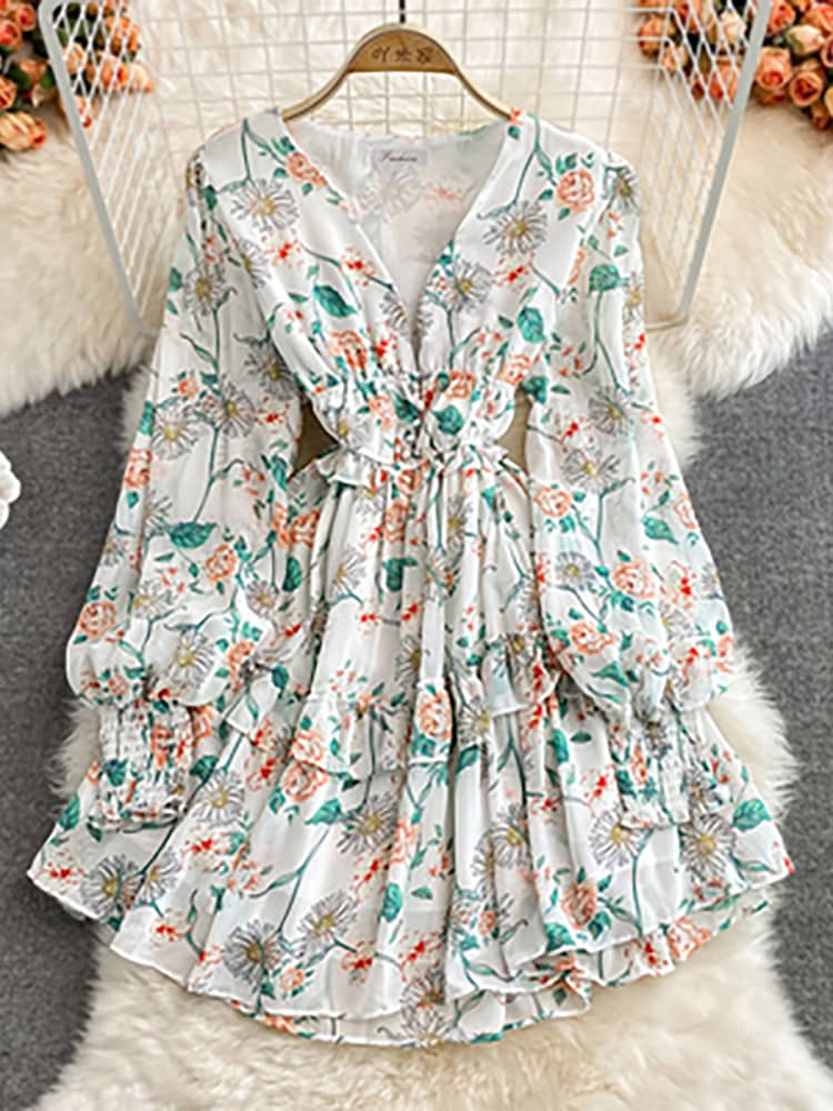 Maxct Women Green/Purple/Beige Floral Chiffon Dress Bohemian V-Neck Lantern Long Sleeve High Waist Ruffle Vestidos Female New