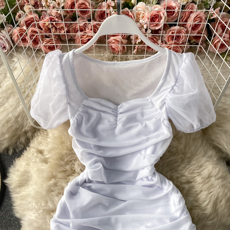 Sexy Mesh Draped Bodycon Dress Women Elegant Square Collar Short Puff Sleeve Pleated Vestidos Female Summer