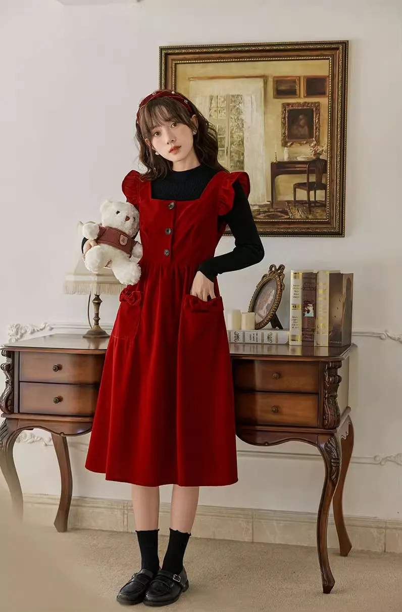 Velvet Frilly Bow Pinafore Dress Maxct