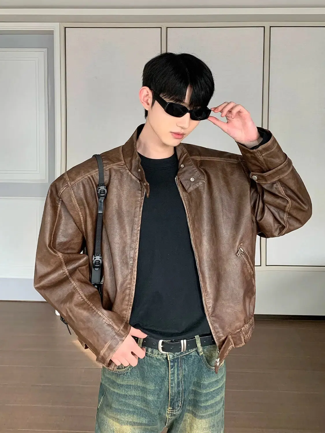 Maxct Stand Collar Cotton PU Leather Bomber Jacket