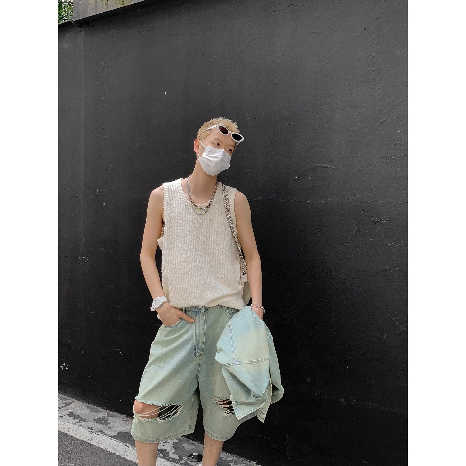 Maxct 90s Streetwear Solid Color Simple Vertical Stripe Niche Retro Round Neck Vest Men's Summer New Casual All-match Sleeveless T-shirt
