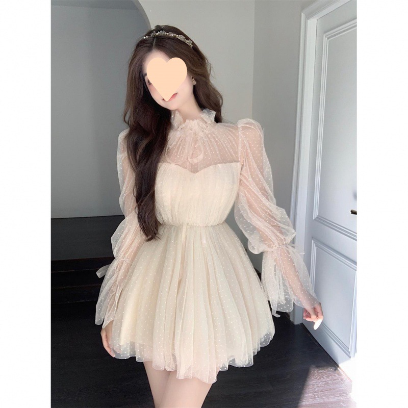 Maxct avant garde dress to impress Long Sleeve Polka Dot Mesh Stitching Tube Top Waist Slimming Pettiskirt Dress Women's Spring and Autumn New