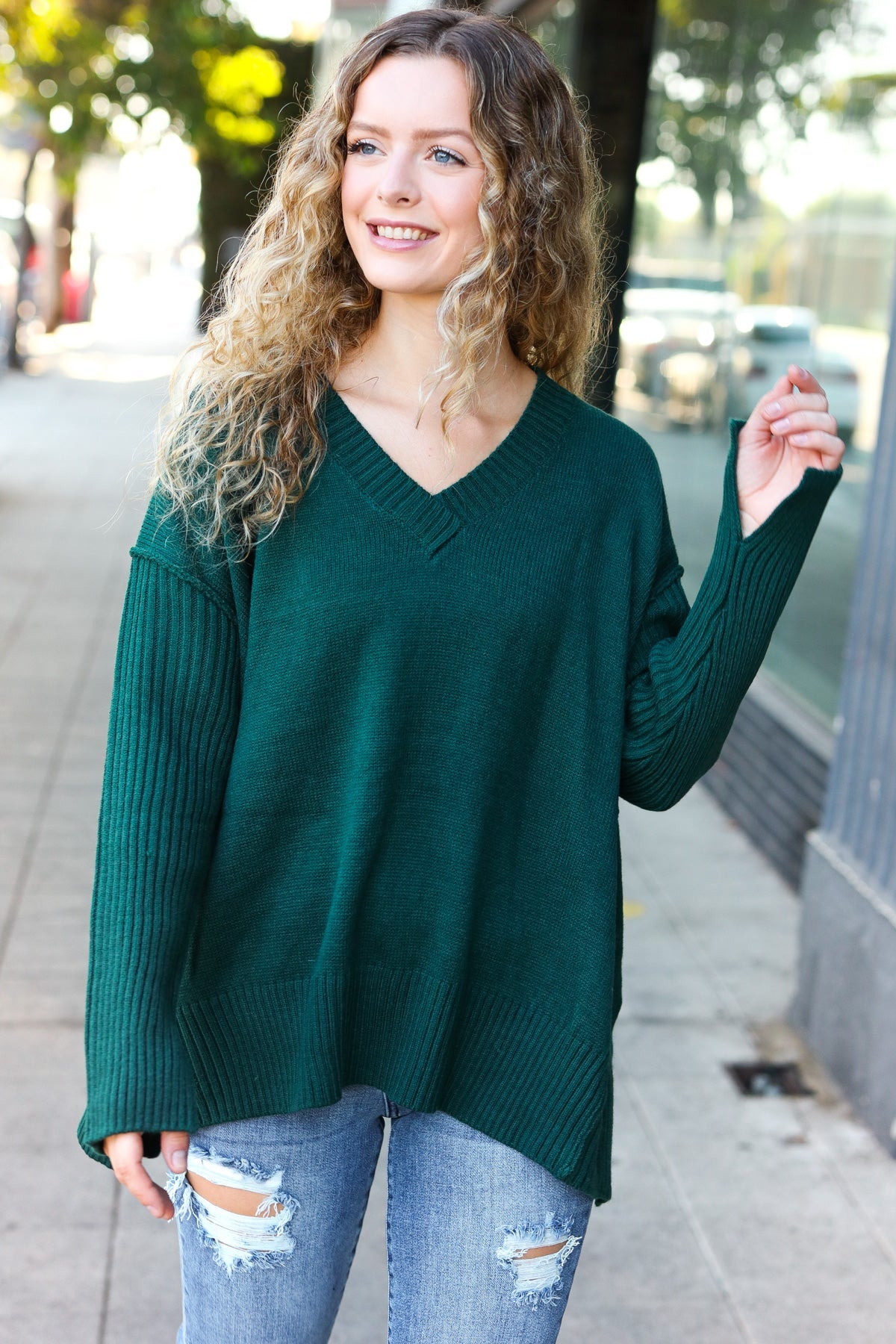 Maxct &Casual Chic Hunter Green Oversized V Neck Rib Knit Sweater