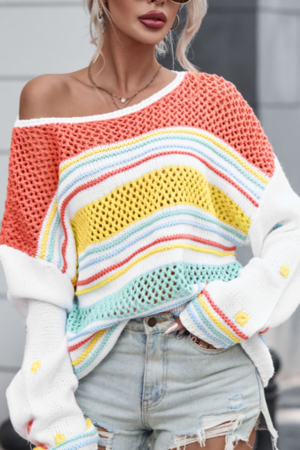 Maxct &Hollow Striped Color Block Round Neck Sweater