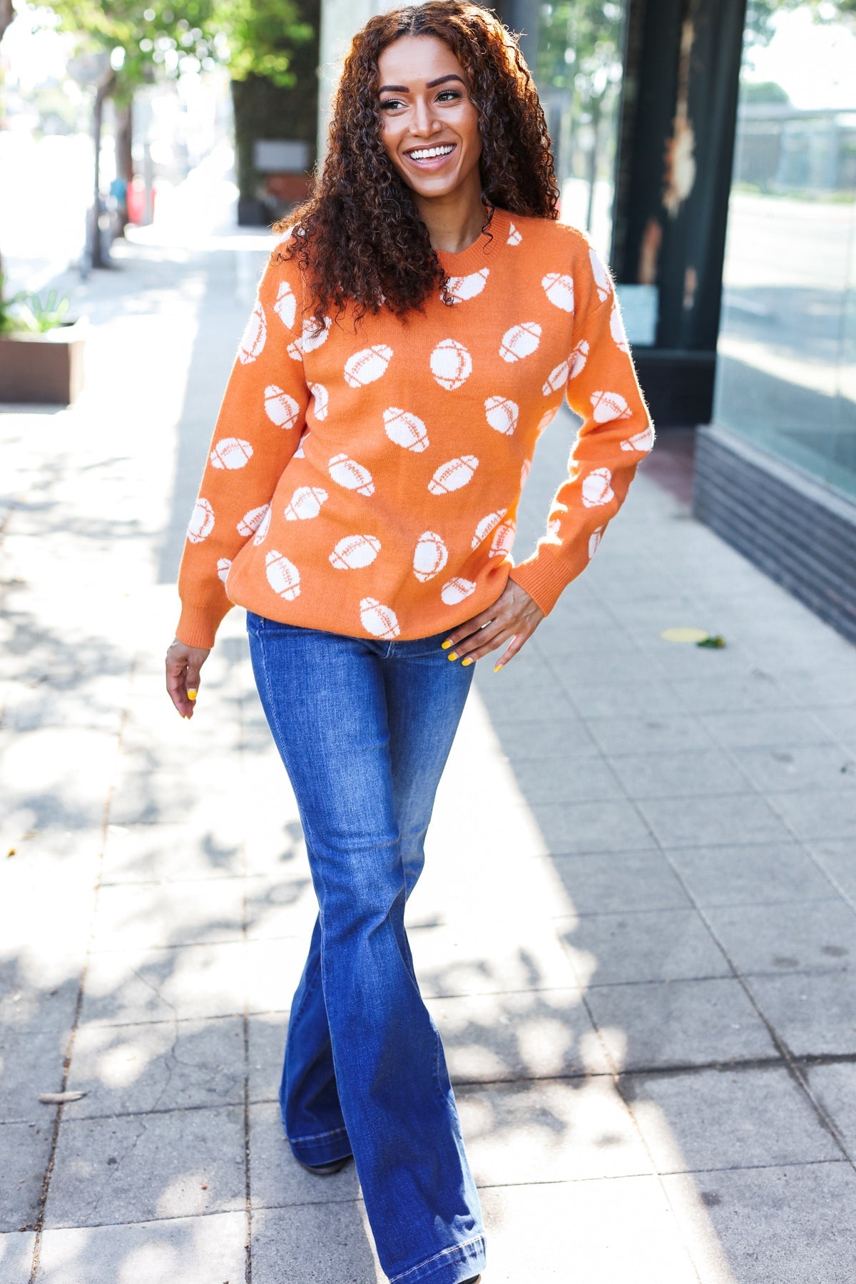 Maxct &Game Day Orange Football Print Jacquard Knit Sweater
