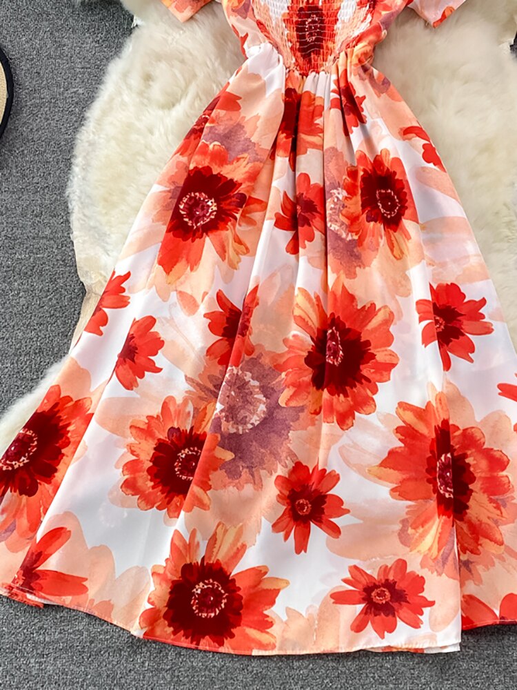 Maxct Vintage Women Printed Dresss Sexy Square Collar Short Puff Sleeve High Waist A-Line Vacation Beach Vestidos Female New