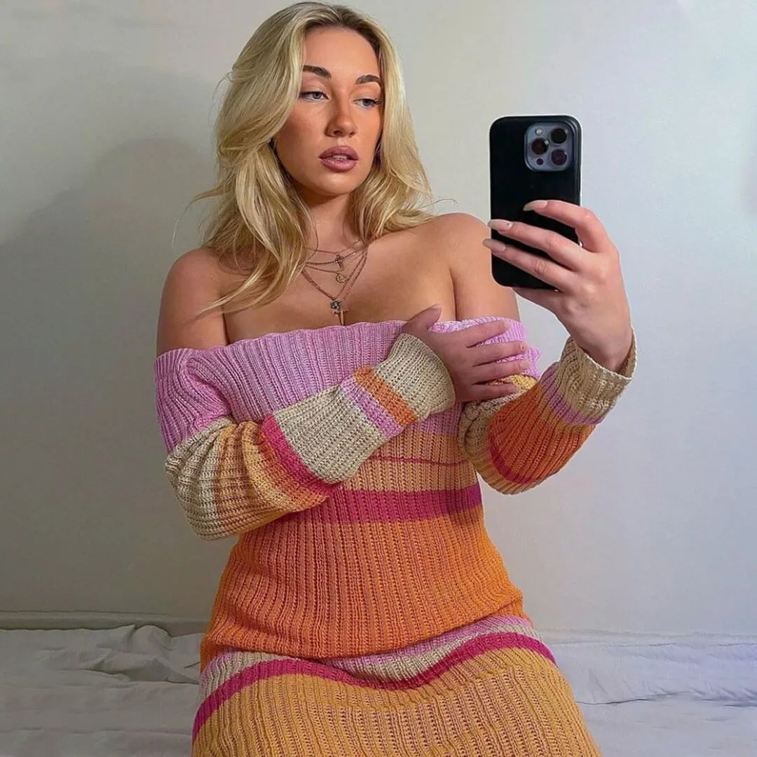 Versatile Striped Long Sleeve Crochet Knit Maxi Dress - Multicolor Maxct