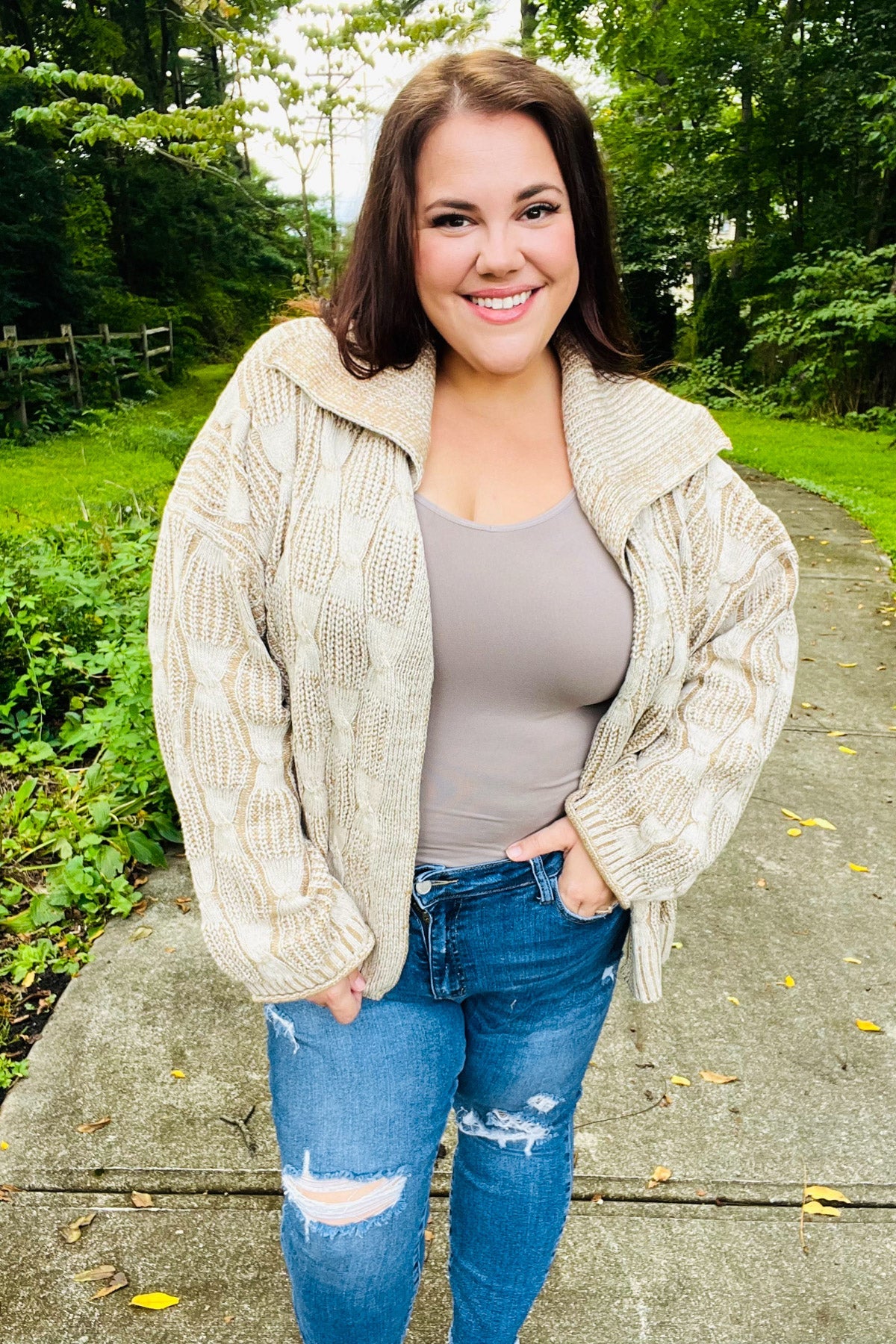 Maxct &Autumn Vibes Taupe Textured Cable Knit Collared Cardigan
