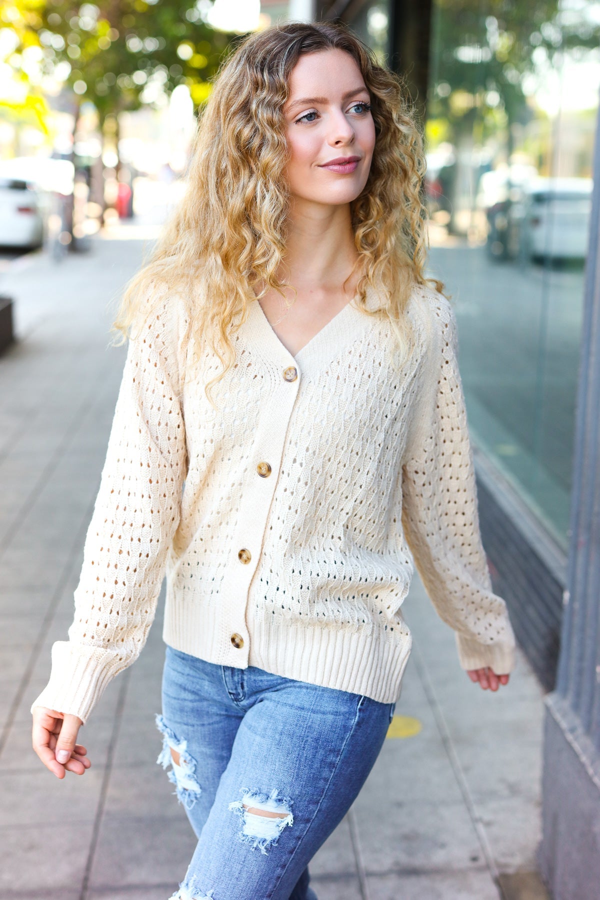 Maxct &Follow Me Oatmeal Pointelle Knit Button Down Cardigan