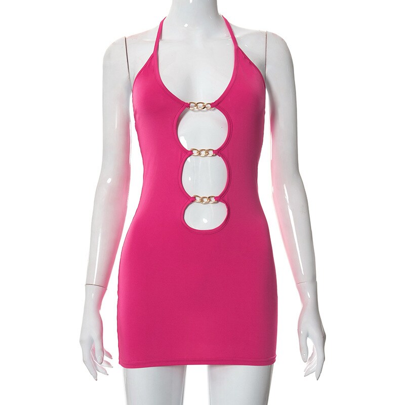 Halter Sexy Lace Up Mini Dress Party Club Outfit Cut Out Metal Ring Ties Bodycon Dresses Summer Chic Harajuku Clothes