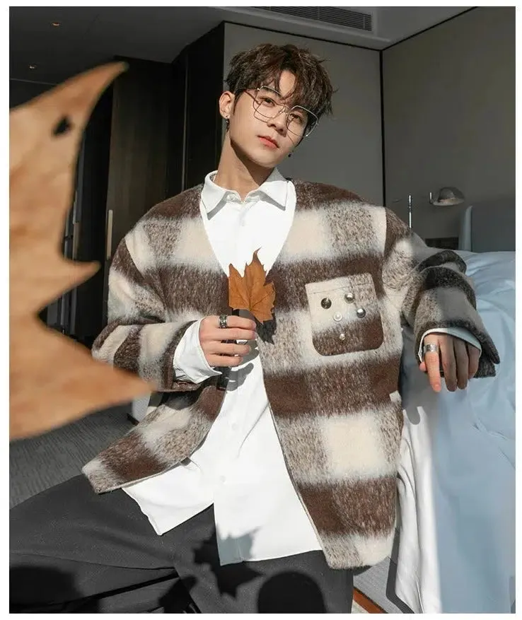 Maxct V-neck Color Striped Woolen Coat