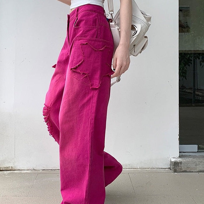 00s Kids Pink Star Ripped Baggy Jeans Maxct