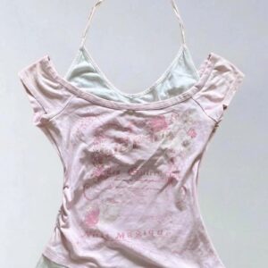 Maxct Retro Pink Hot Girl Halter Fake Two Piece Letter Print T-Shirt Y2K Streetwear Sexy Slim Harajuku Millennial Fashion Casual Tops
