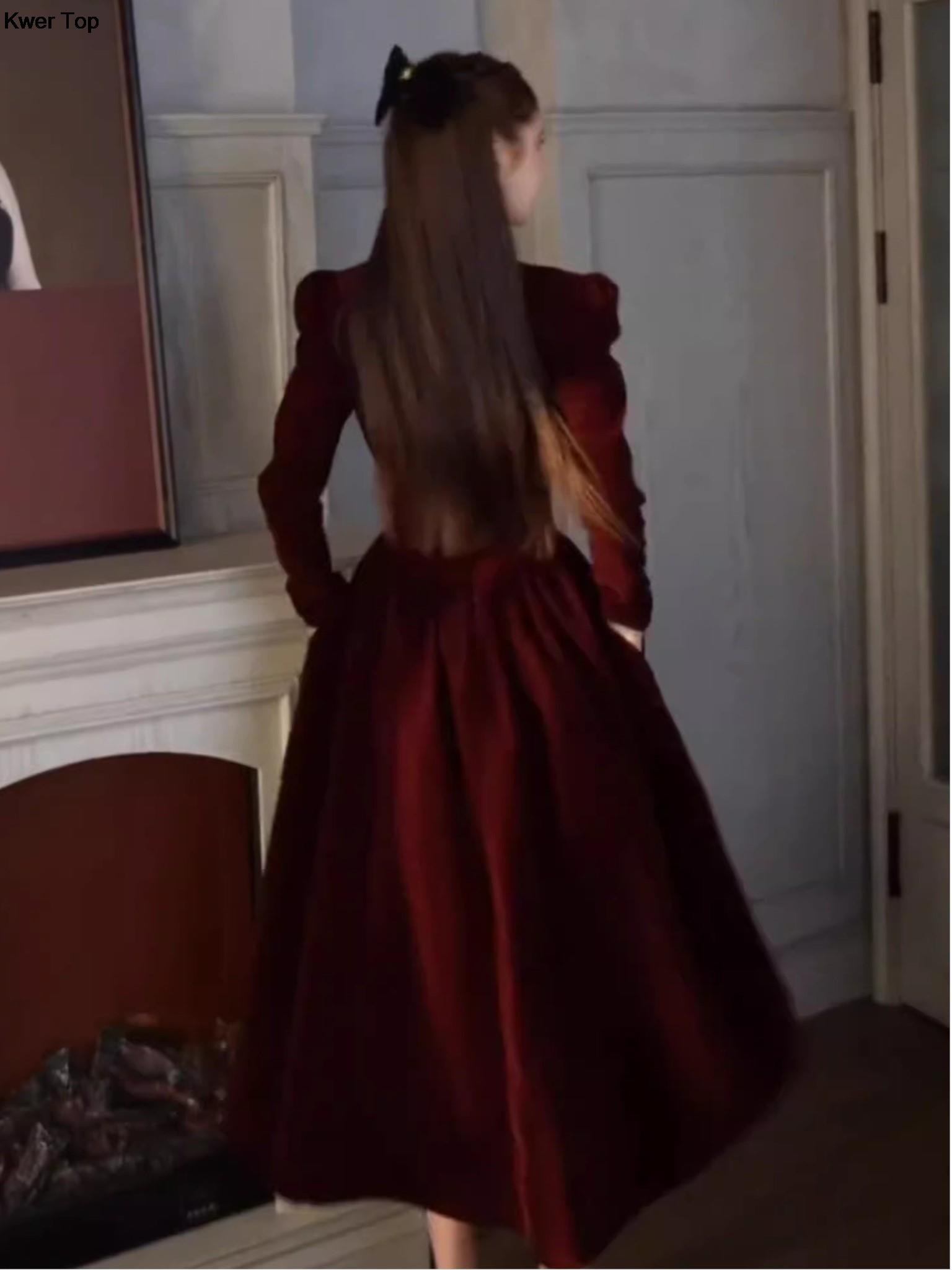 Maxct Winter Vintage Christmas Red Velvet Dress French Elegant Square Collar Evening Party Prom Vestidos Women Clothes