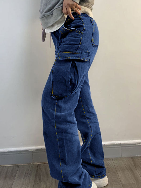 Washed Mid Waist Pocket Cargo Jeans Maxct