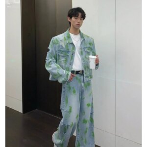 Maxct Green Splash Denim Jacket & Wide-leg Jeans