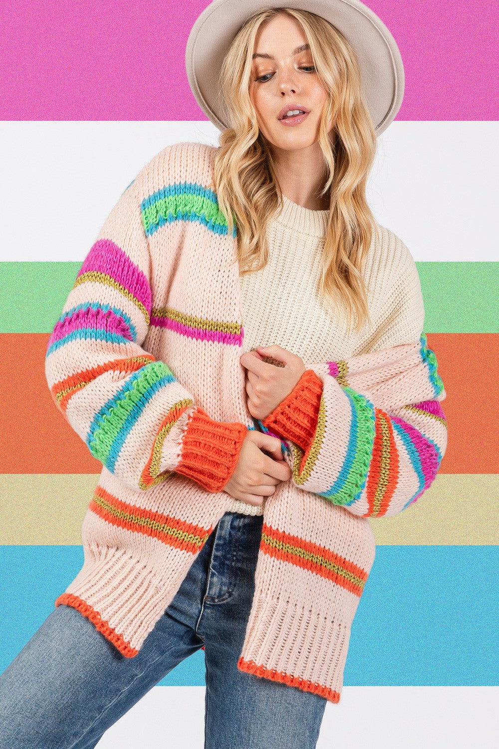 Maxct &SAGE + FIG Rainbow Striped Open Front Knit Cardigan
