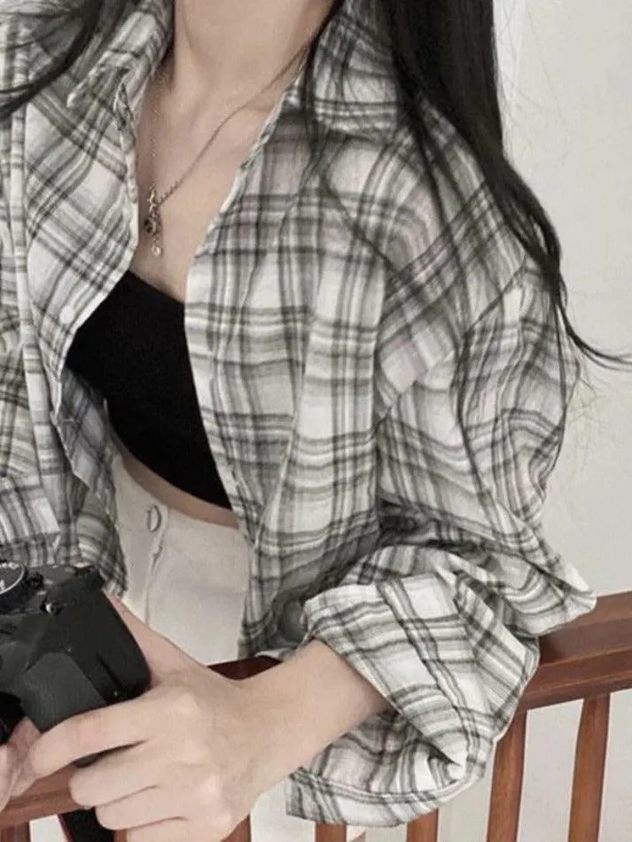 Maxct Vintage Plaid Short Loose Long Sleeve Blouse