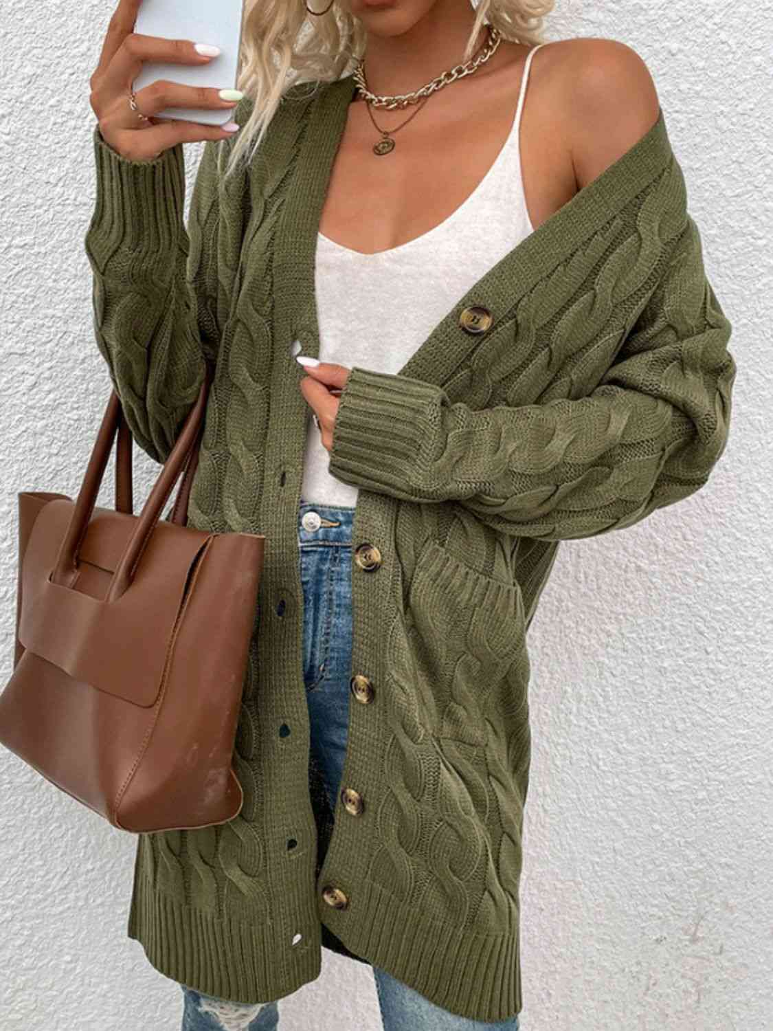 Maxct &Cable-Knit Button Down Cardigan with Pockets