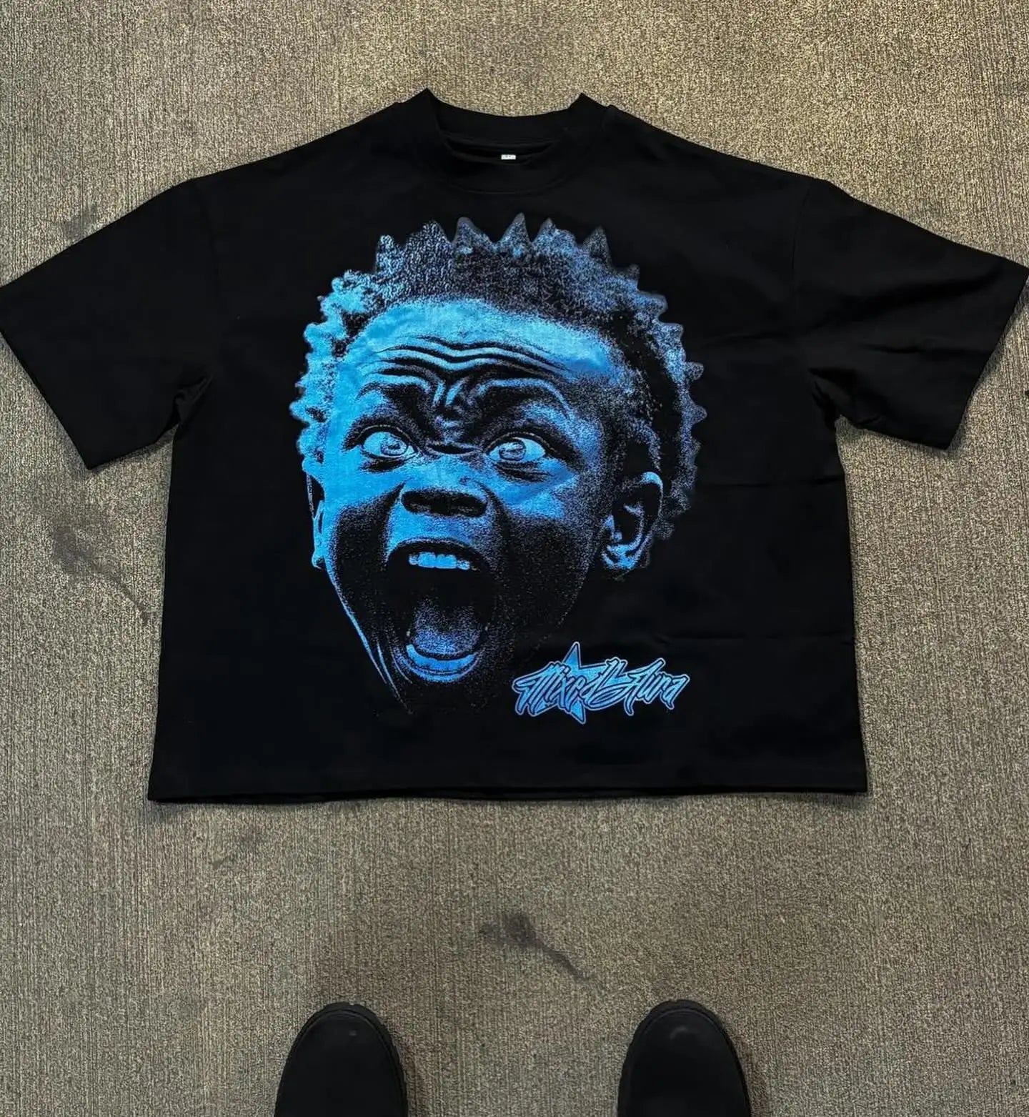 Maxct American Fashion Goth Big Head Cartoon Print Oversized T-Shirt Men's Y2K Street Hip-Hop Harajuku Loose Casual Couple Clothes