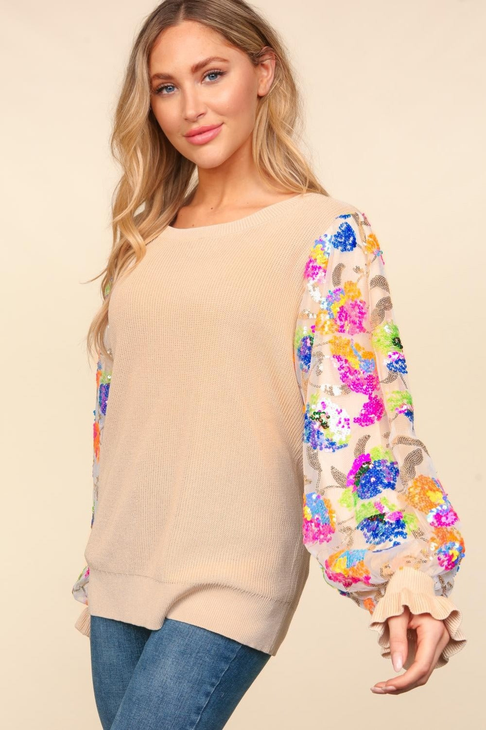Maxct &Haptics Floral Sequins Mesh Flounce Sleeve Sweater