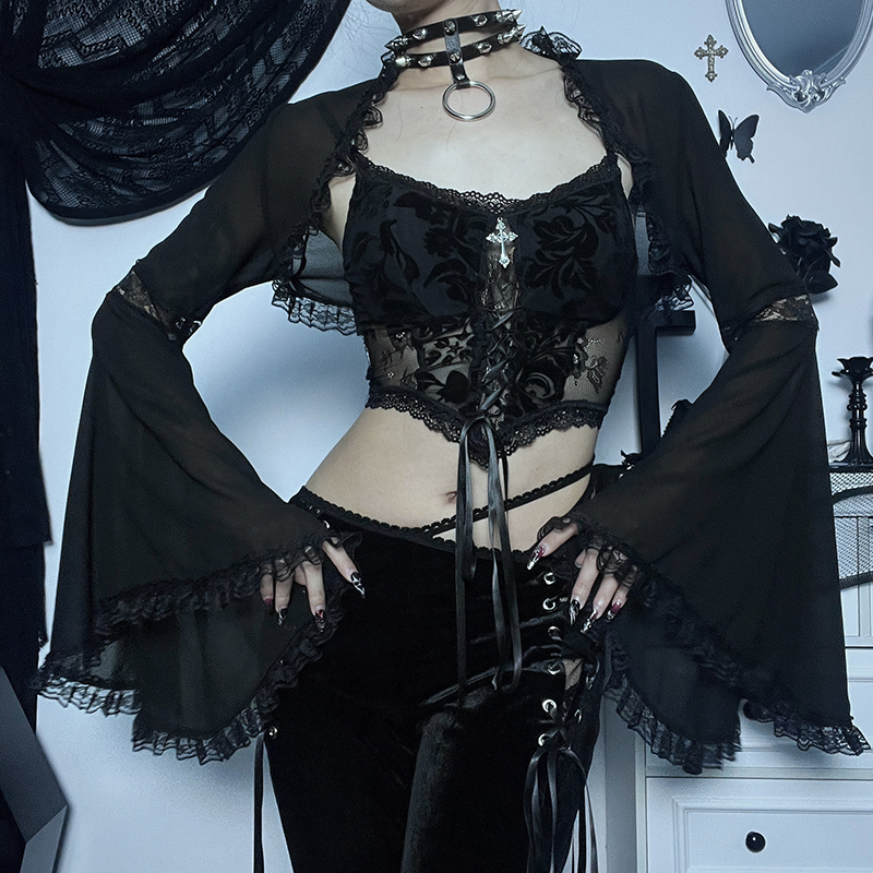 Women's Gothic Tops Dark Lace Lace Flared Sleeve Blouse Tops Street Sexy Slim Gauze Jacket
