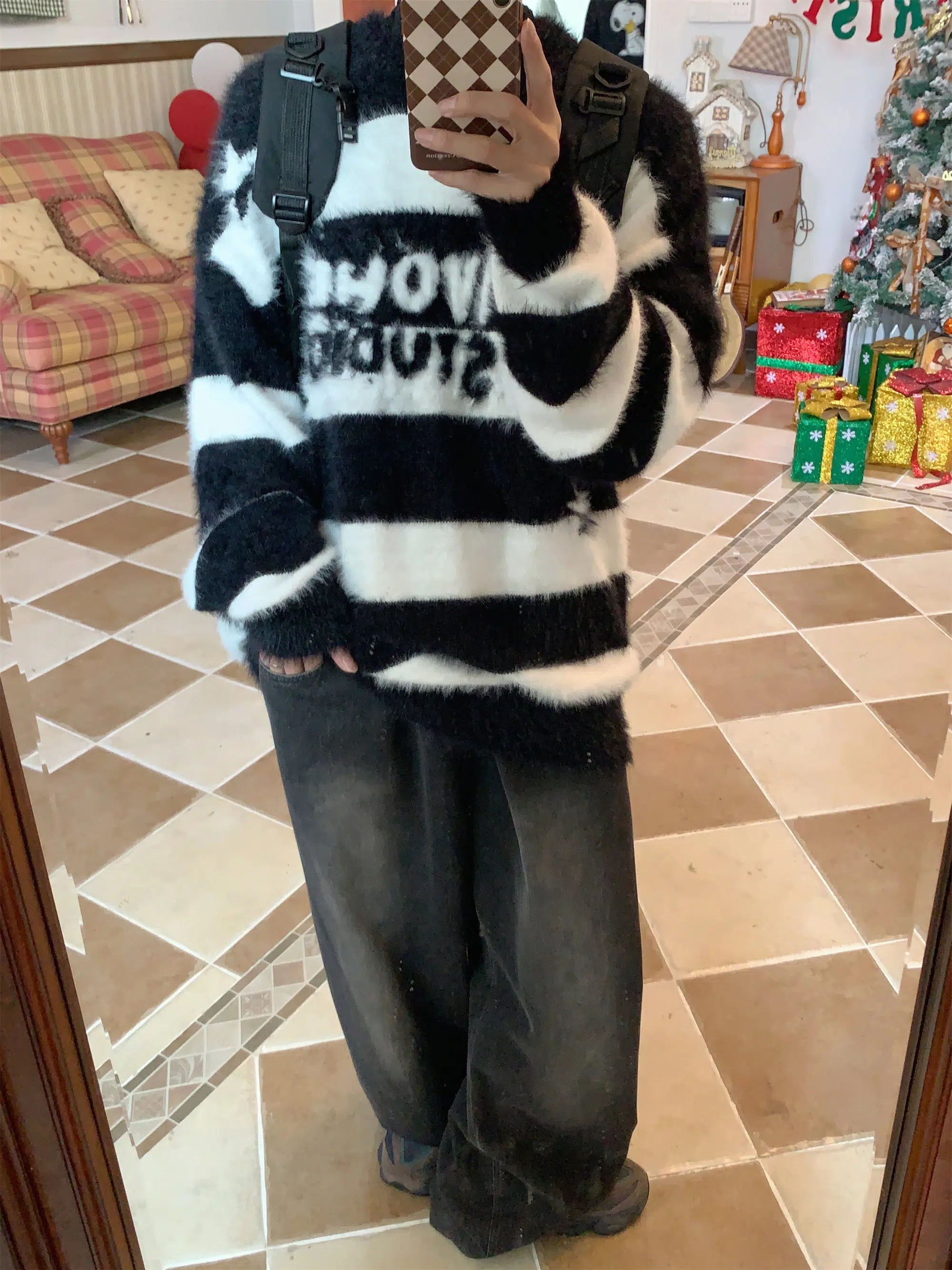 Maxct Faux Mink Striped Crew Neck Sweater